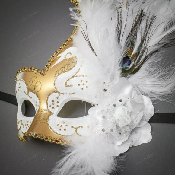 Venetian Half Moon Masquerade Feather Gold White - Picture 2 of 4